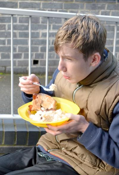 Rice, beans and a bacon roll