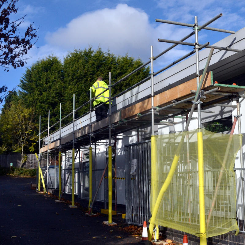 Scaffolding along one side of the building