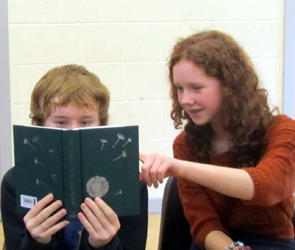 Two teenagers reading a Bible and pointing something out