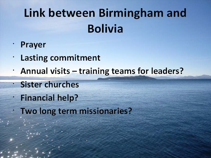 Plans for developing the link between churches in Birmingham and Bolivia
