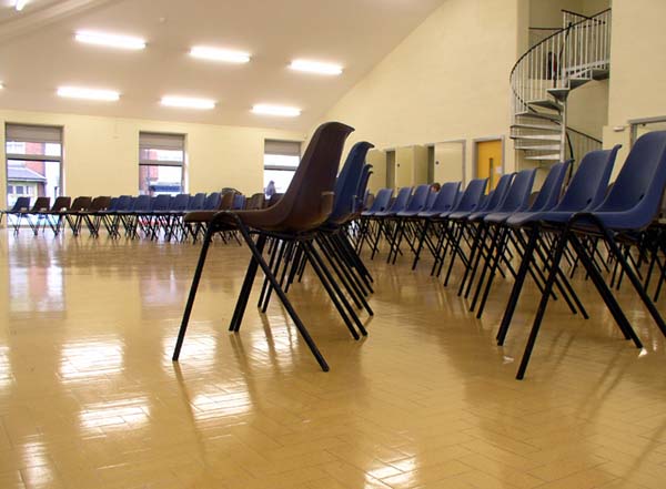 The main hall, set out with chairs