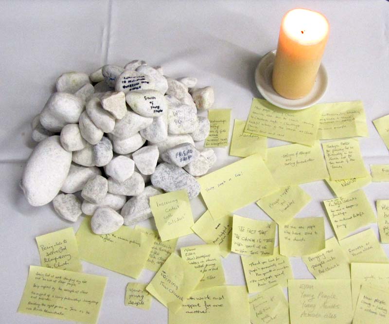 A candle, small stones and sticky notes on a table