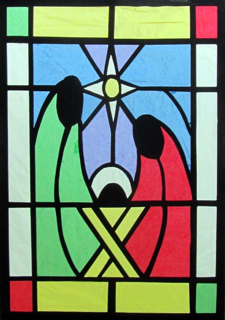 A Christmas crib scene, stained glass style