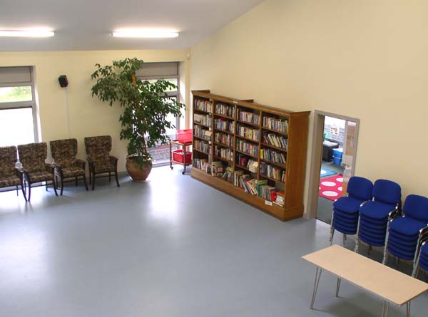 A corner of the smaller hall, viewed from the top of the stairs