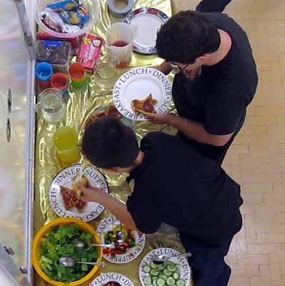 Looking down on a table of food