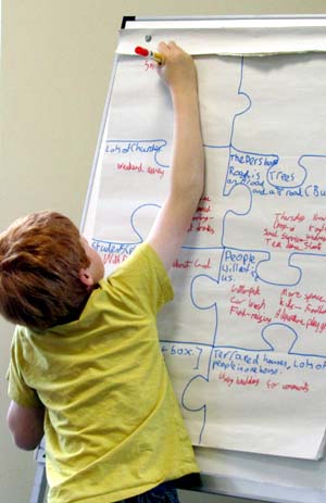 A boy writes down ideas on a whiteboard